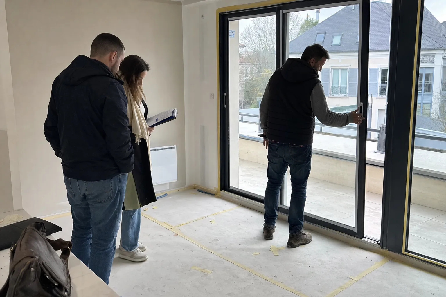 Expert bâtiment et futurs acquéreurs vérifiant une baie vitrée lors d'une livraison VEFA