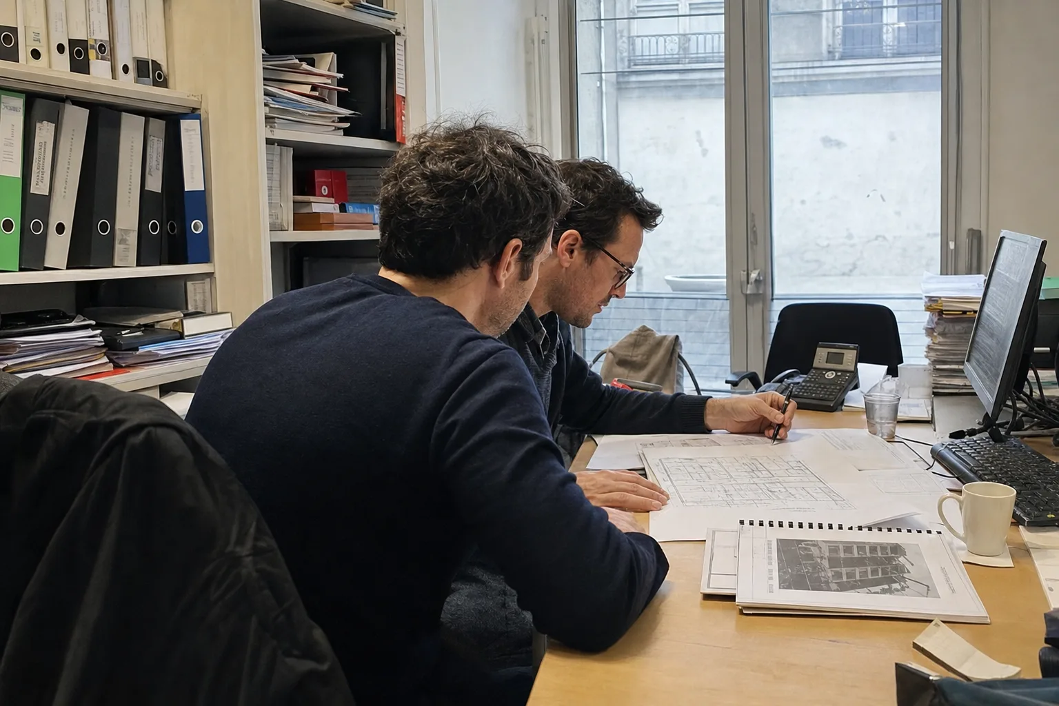 Gestionnaire de syndic et expert bâtiment échangeant autour de plans d'immeuble