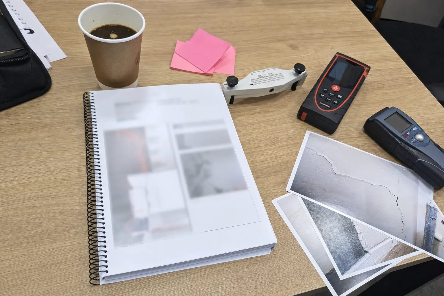 Rapport d'expertise relié et instruments de mesure sur la table du bureau d'étude