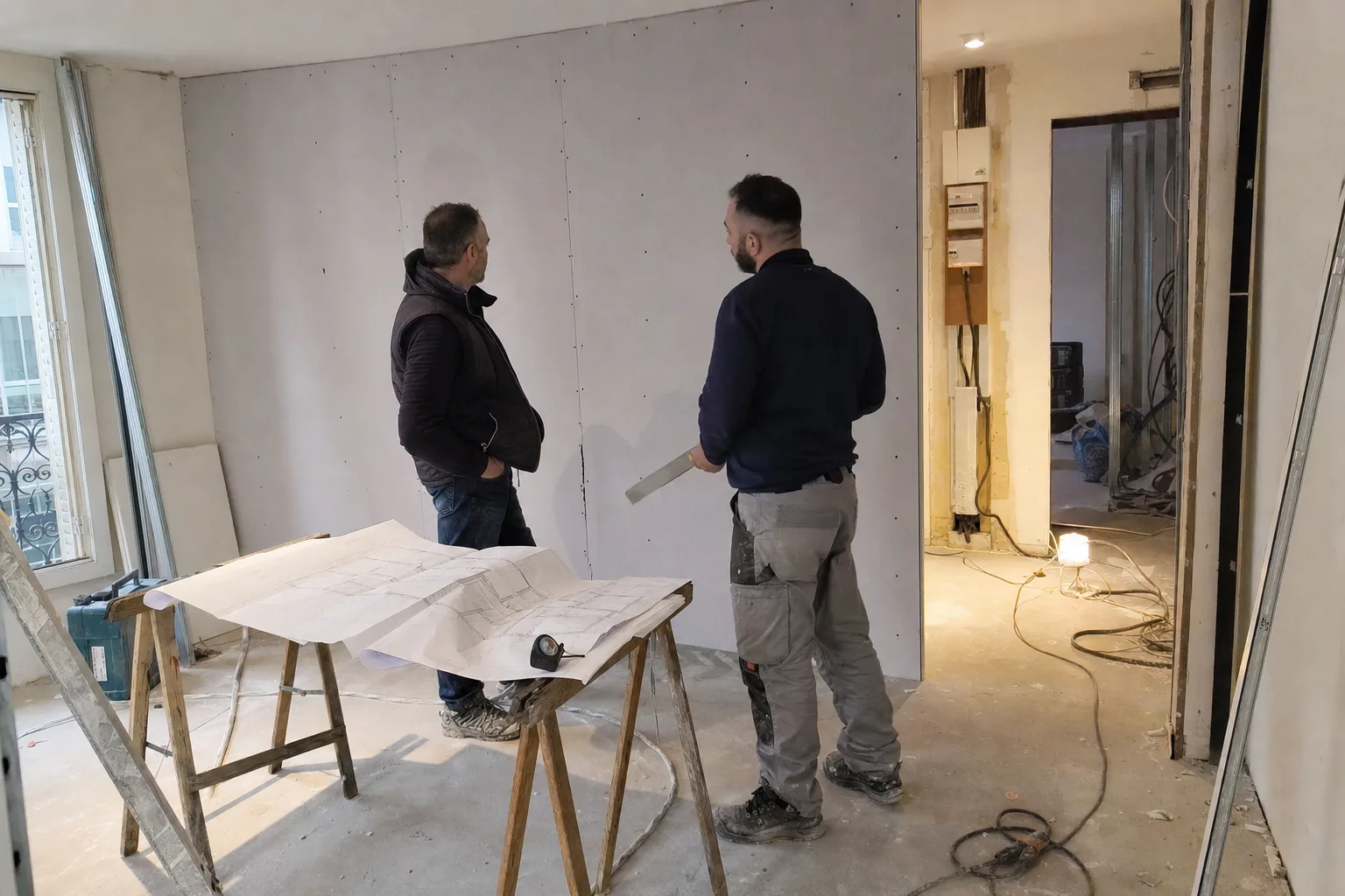 Expert bâtiment et artisan échangeant devant un mur en cours de doublage sur un chantier