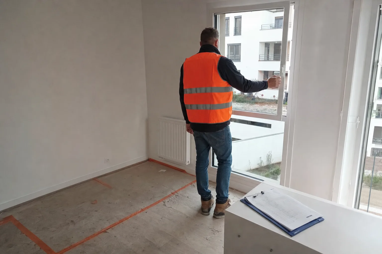 Expert bâtiment testant l'ouverture d'une fenêtre lors de la livraison d'un appartement neuf